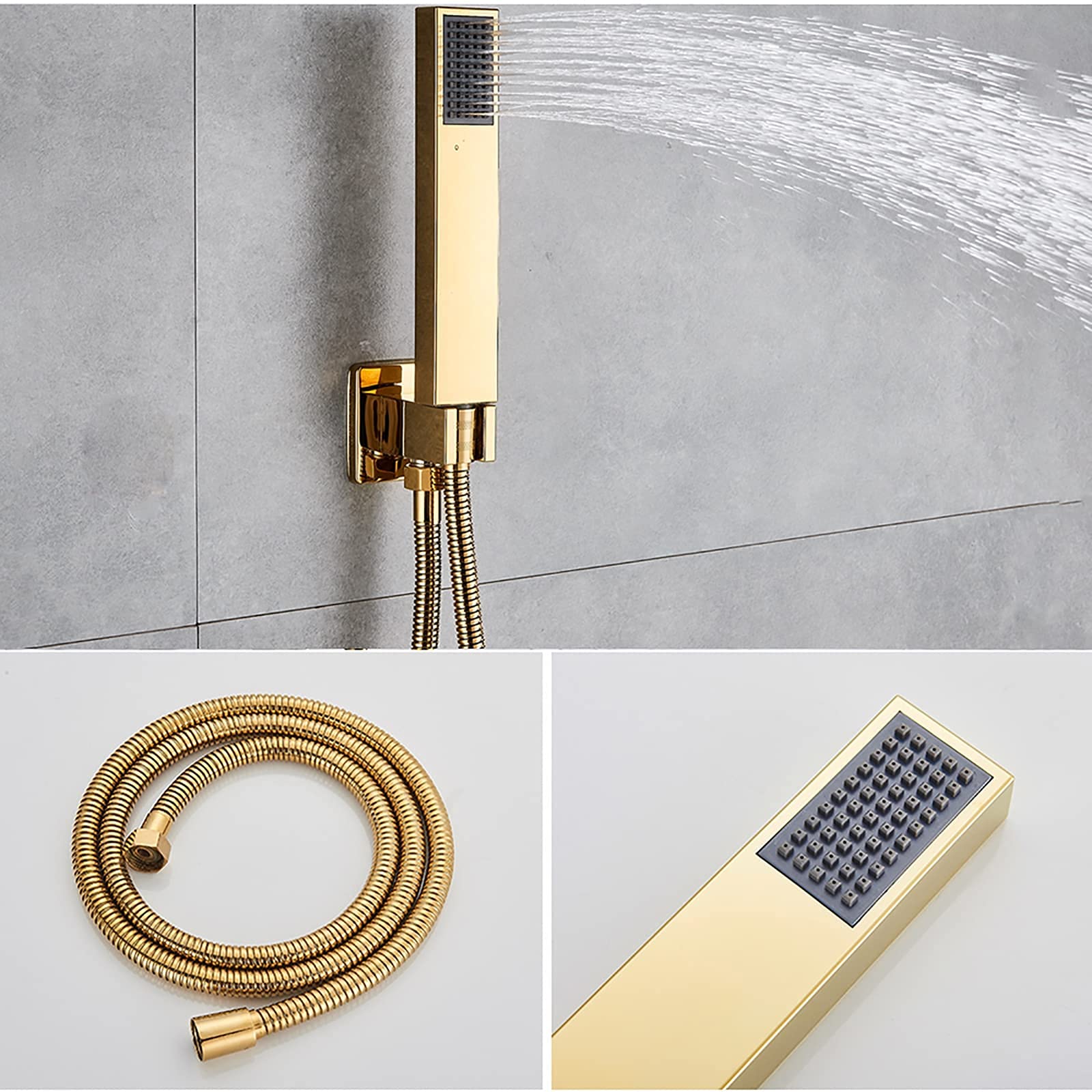 System prysznicowy LED z wylewką wannową, deszczownicą kwadratową i ręcznym zestawem prysznicowym, montaż sufitowy, zestaw baterii prysznicowej Golden (12 cali)
