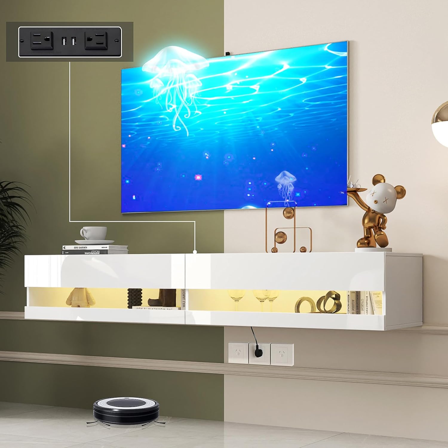 Floating TV Stand Wall Mounted with Power Outlet, Modern Floating Entertainment Center for 80 Inch TV, High Gloss Floating TV Shelf with LED Lights for Living Room, Bedroom, White