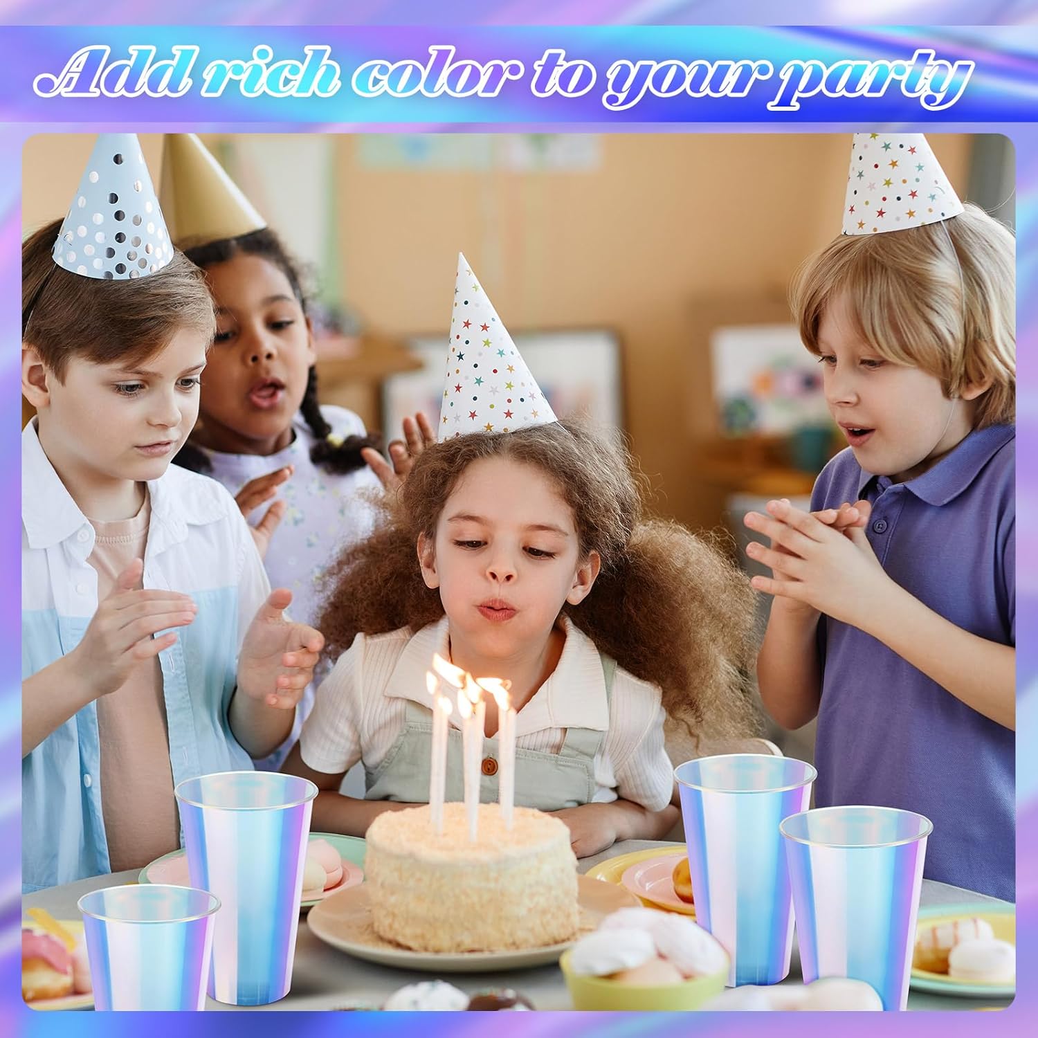 100 Pcs Iridescent Plastic Cups Rainbow Cups Holographic Party Clear Glitter Shiny Plastic Tumblers for Wedding Birthday Bachelorette Mermaid Party(16 oz)