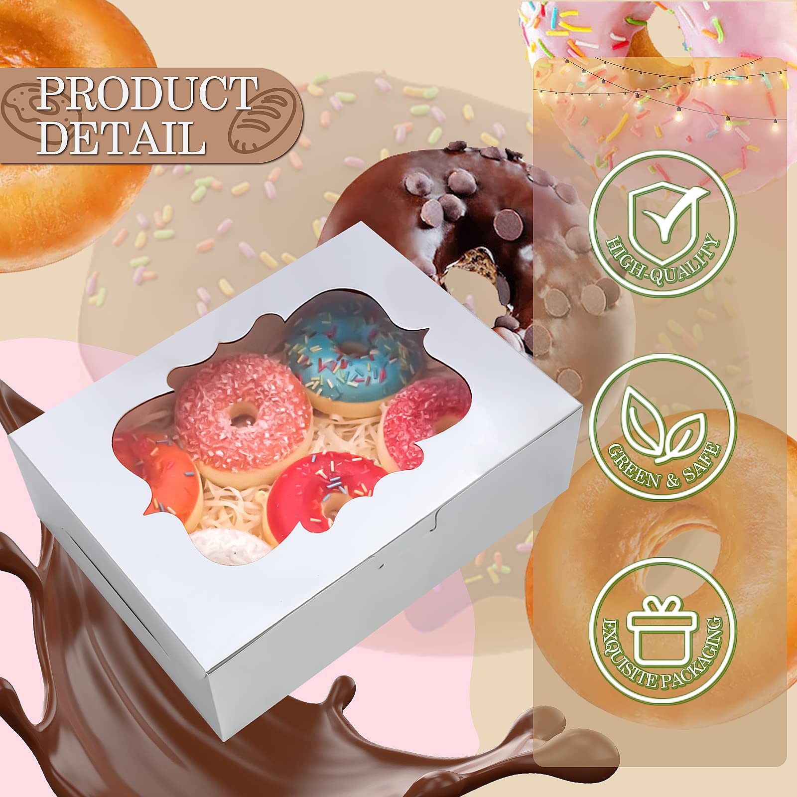 KPOSIYA 65 cajas de galletas de 8 x 6 x 2.5 pulgadas con ventana, cajas de panadería plateadas para regalo, golosinas, postres, cupcakes, chocolate, fresas, donas, magdalenas (5 ventanas de estilo)