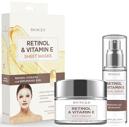 Set de belleza de retinol y vitamina E - Suero, hidratante y mascarillas faciales
