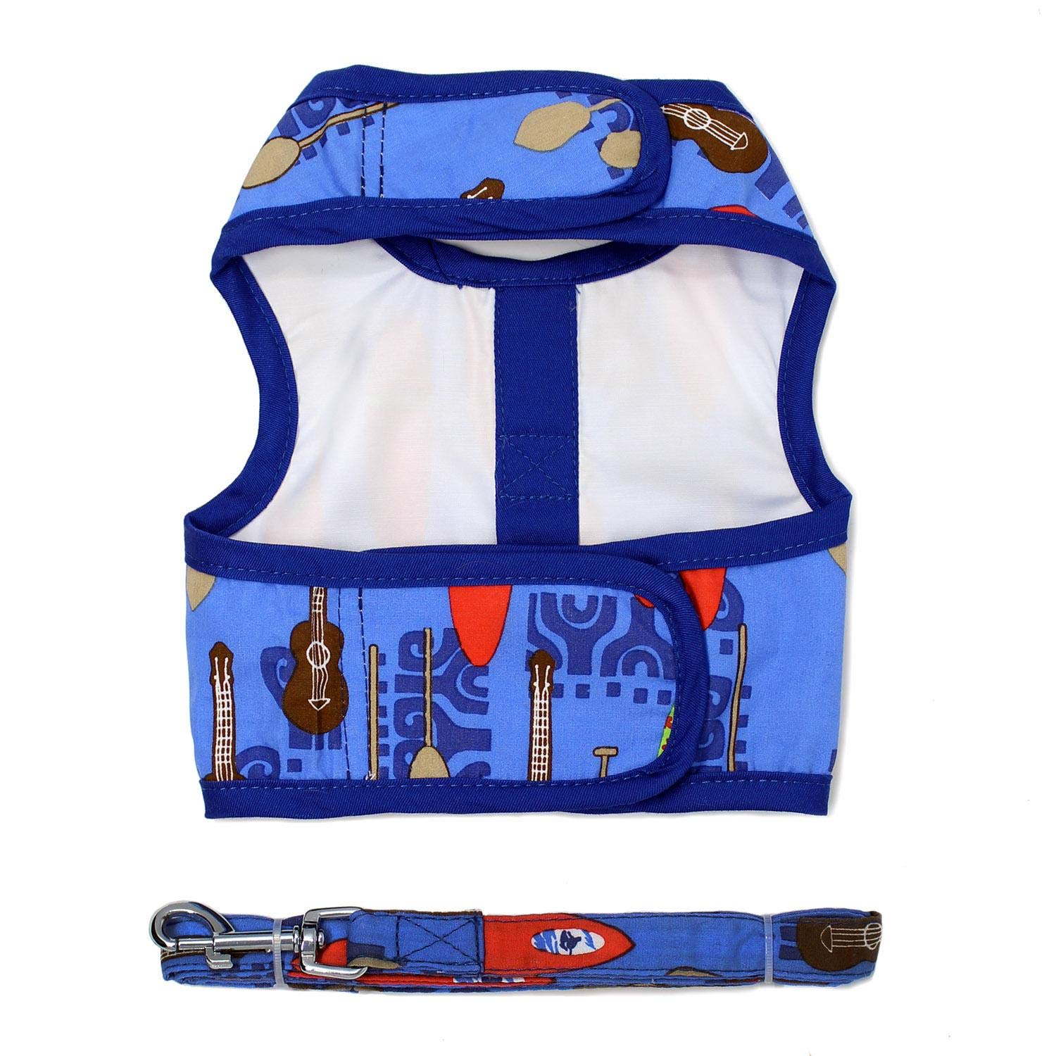 DOGGIE DESIGN Fabric Dog Harness with Leash Ukuleles and Surfboards (Small)