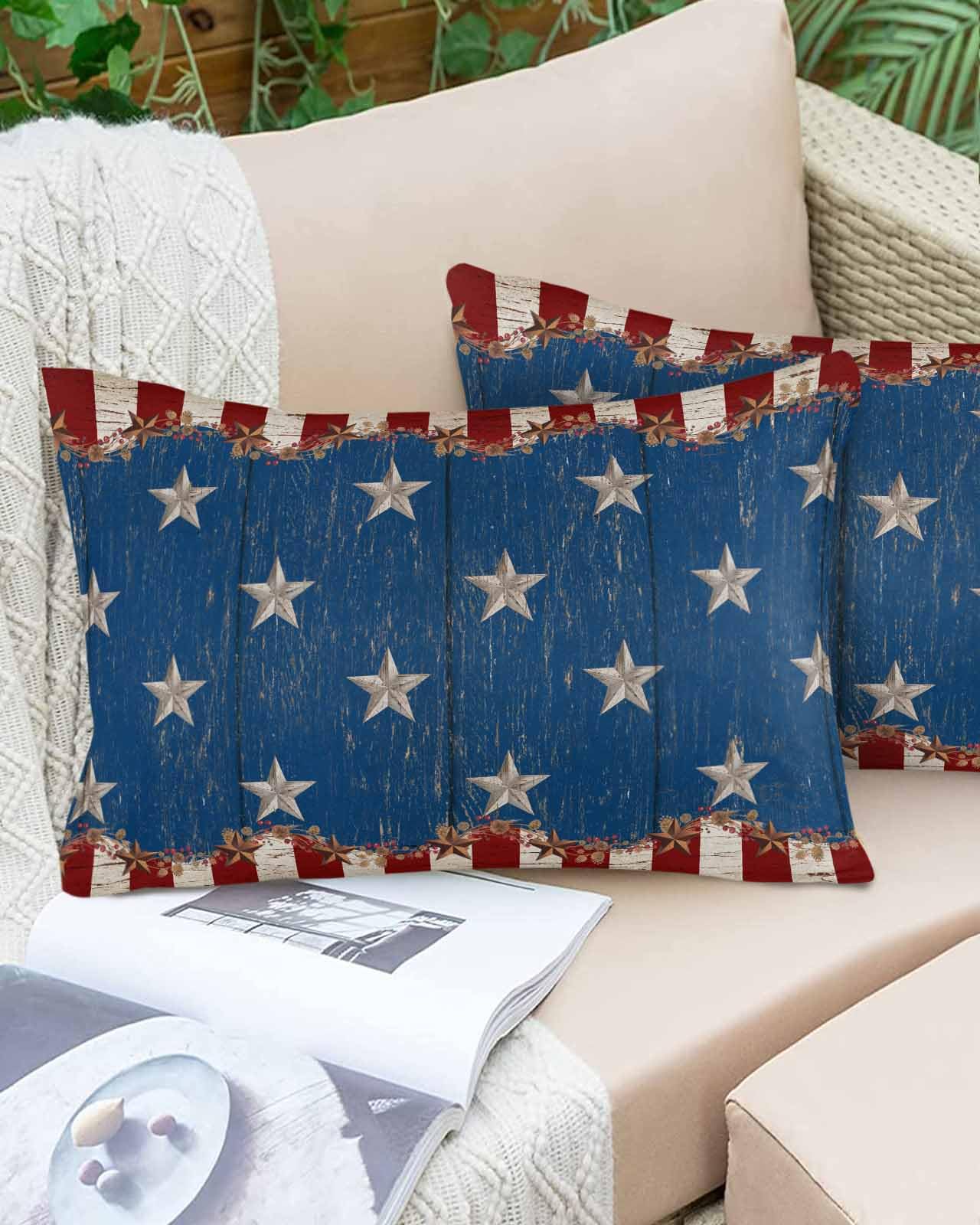 Boanket Lumbar Pillow Covers 12 x 20 in, 4th of July Waterproof Throw Pillow Cover Set of 2, Vintage Country Star Blue Red Wooden Home Decorative Rectangle Cushion Covers for Patio/Tent/Couch/Garden
