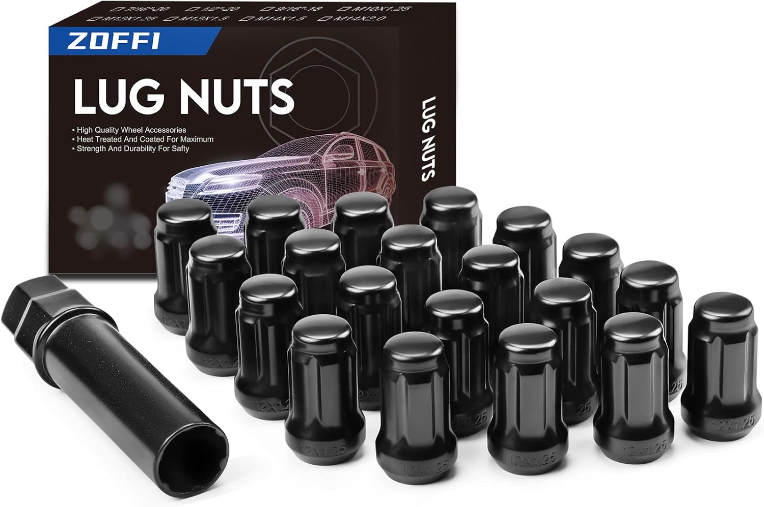 ZOFFI Black M12x1.25 Spline Lug Nuts 20pcs with Socket
