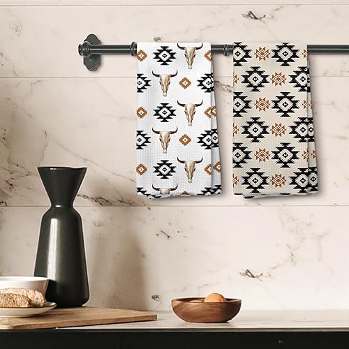 Miniatura 4 de Toallas de cocina boho occidental, toallas de mano retro con calavera de toro, diseño vintage de calavera de vaca y cabeza de vaca, paños de cocina