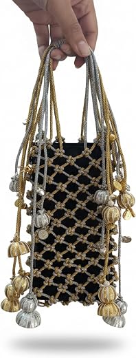 Barasti Girls Womens Handmade Phone Bag Purse with Diamond Dori & Rhinestone Cord, Fancy Hand Work Designer Mobile Phone C...