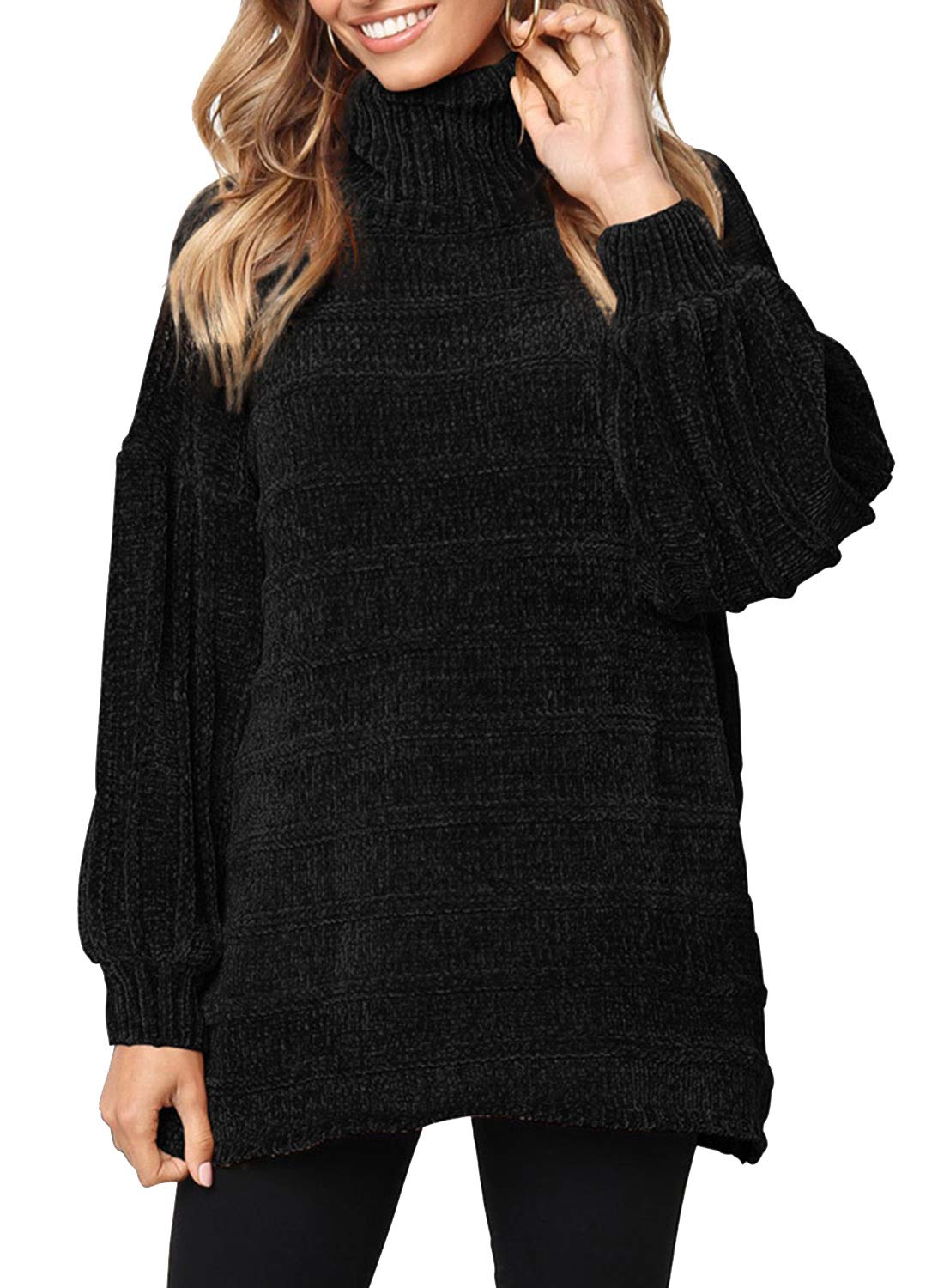 Womem's Classic Soft Chenille Loose Knitted Turtle Neck Drop Lantern Sleeve Long Pullover Sweater