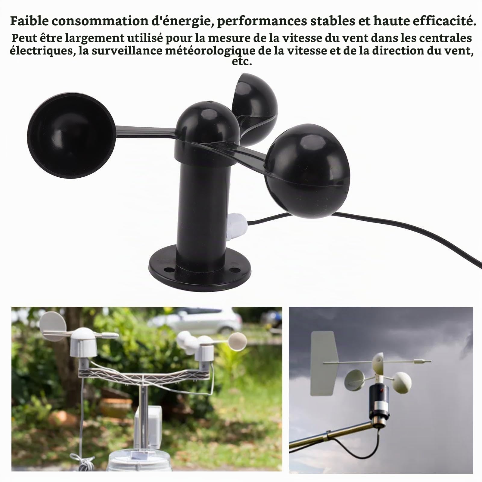 Anémomètre Professionnel à 3 Coupelles, Capteur de Vitesse du Vent avec Câble Étanche de 8 Mètres pour Stations Météorologiques et Centrales Électriques