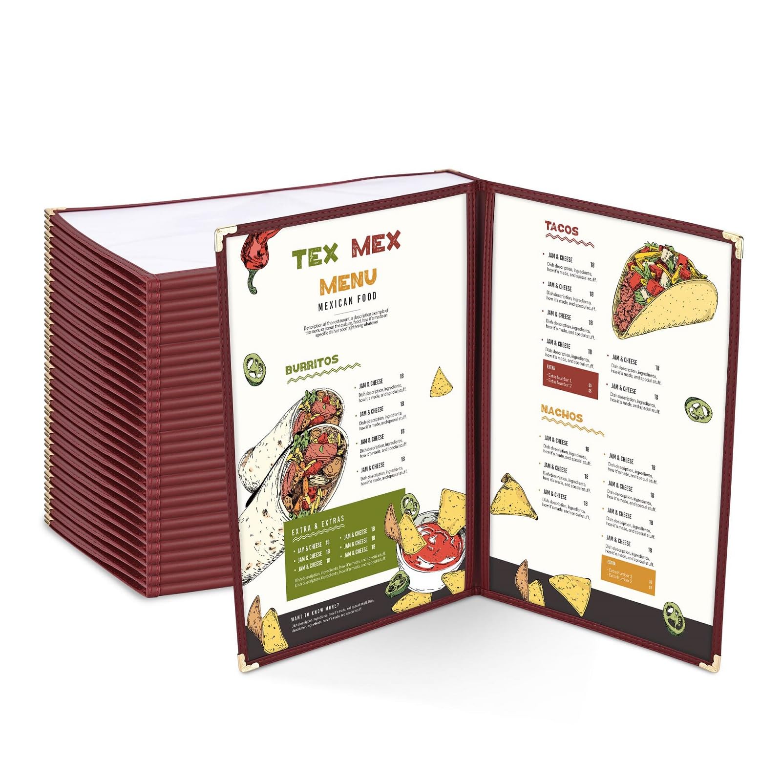 HeyJiaYu 30pcs Menu Covers 8.5x14in 2-Page 4 Views Book-Style Menu Holder Double-Stitched Clear Surfaces Cafe Restaurant Menu Books, Burgundy