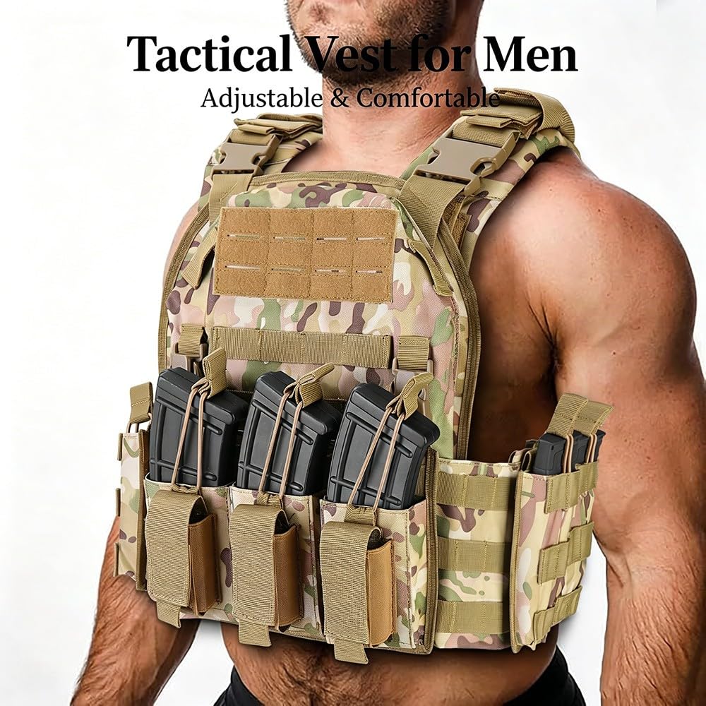 Chaleco Táctico Airsoft,Ajustable con Sistema MOLLE y Liberación Rápida, Chaleco Ligero y Transpirable con Bolsillos Modulares para Paintball Senderismo Caza Camping Outdoor