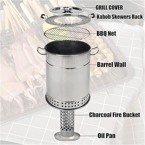Miniatura 8 de Parrilla de barbacoa de barril de carbón ahumador, estufa colgante para barbacoa, parrilla de barbacoa de acero inoxidable con 20 pinchos de kabob,