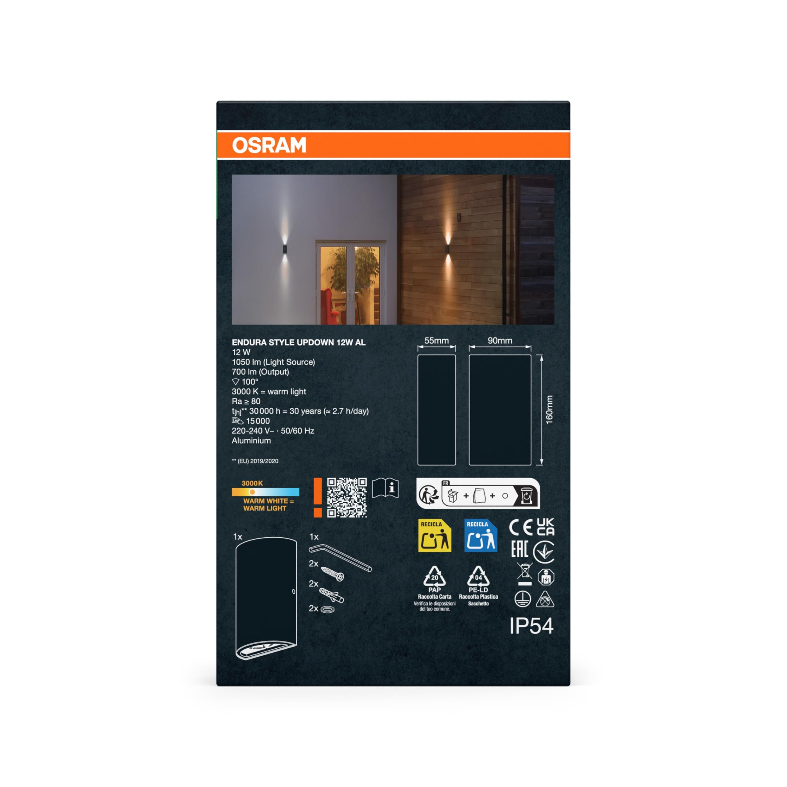 Osram ENDURA STYLE LED-Wandleuchte UpDown 12W Aluminium | ENDURA Style UpDown, Outdoor Lanterns, Aluminium, 30000 h, 1-Pack