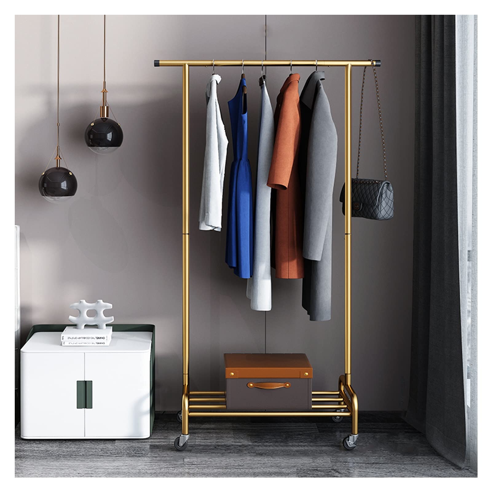 YNBSHGAA Clothing Rack, Clothes Hanging Rail Withers, Freestanding Hanger Garment Rack with Top Rod and Lower Storashelf/Gold/100Cm,Gold-100Cm
