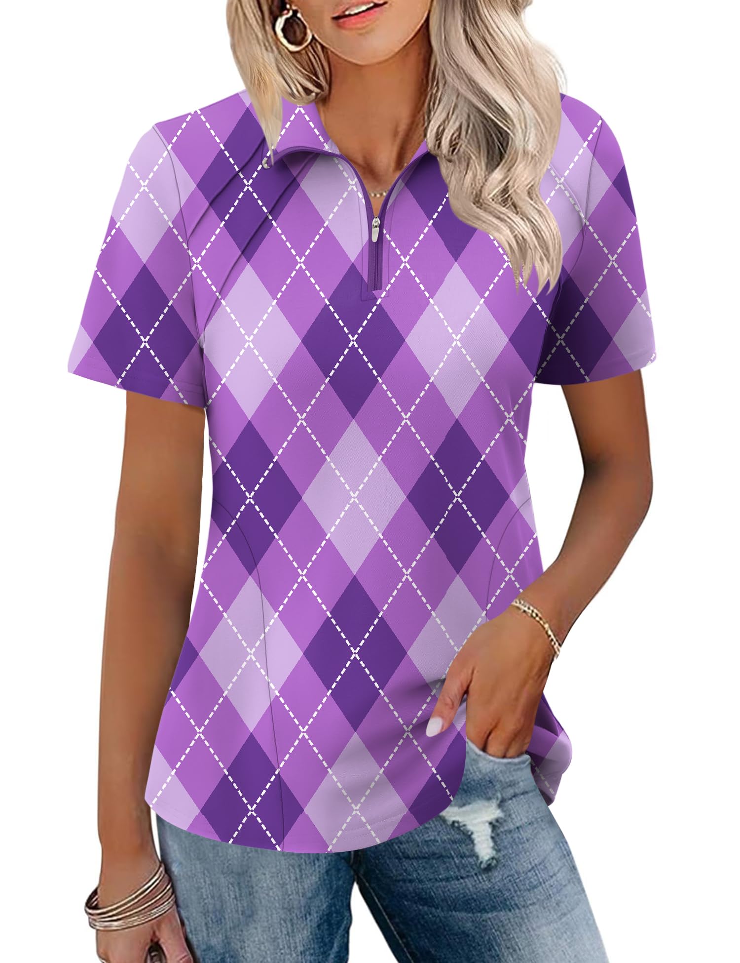 LOMON Womens Golf Polo Shirts Summer Short Sleeve 1/4 Zip Tops Moisture Wicking Casual Tennis Activewear with Pockets
