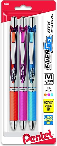 Pentel EnerGel Deluxe RTX Bolígrafo de gel líquido retráctil, punto Mediano, punta de metal, tinta de colores surtidos, paquete de 3 (BL77BP3M2)