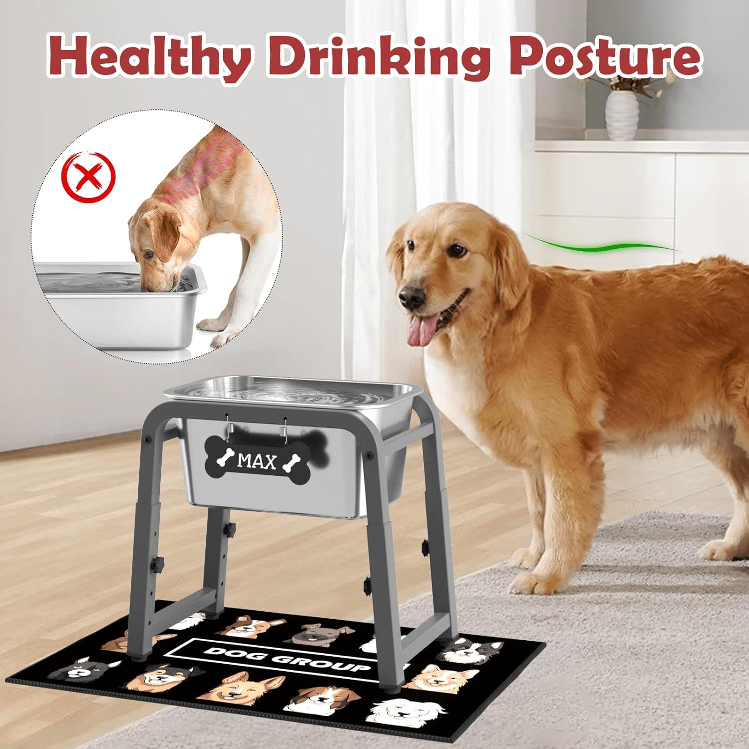 2.8 Gallon Elevated Dog Water Bowl, ADENGL Height Adjustable (10.4–15.2'') Raised Stainless Steel Bowl with Spill-Proof Mat & Sturdy Metal Stand, Tip-Proof, Easy to Clean, Indoor & Outdoor Use - Image 2