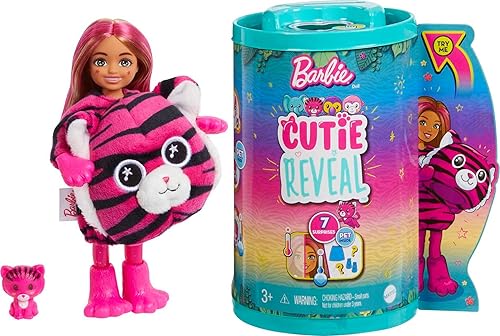 Barbie Cutie Reveal Chelsea - Muñeca pequeña, disfraz de peluche de tigre de la serie Jungle, 7 sorpresas, incluyendo mini mascota y cambio de color
