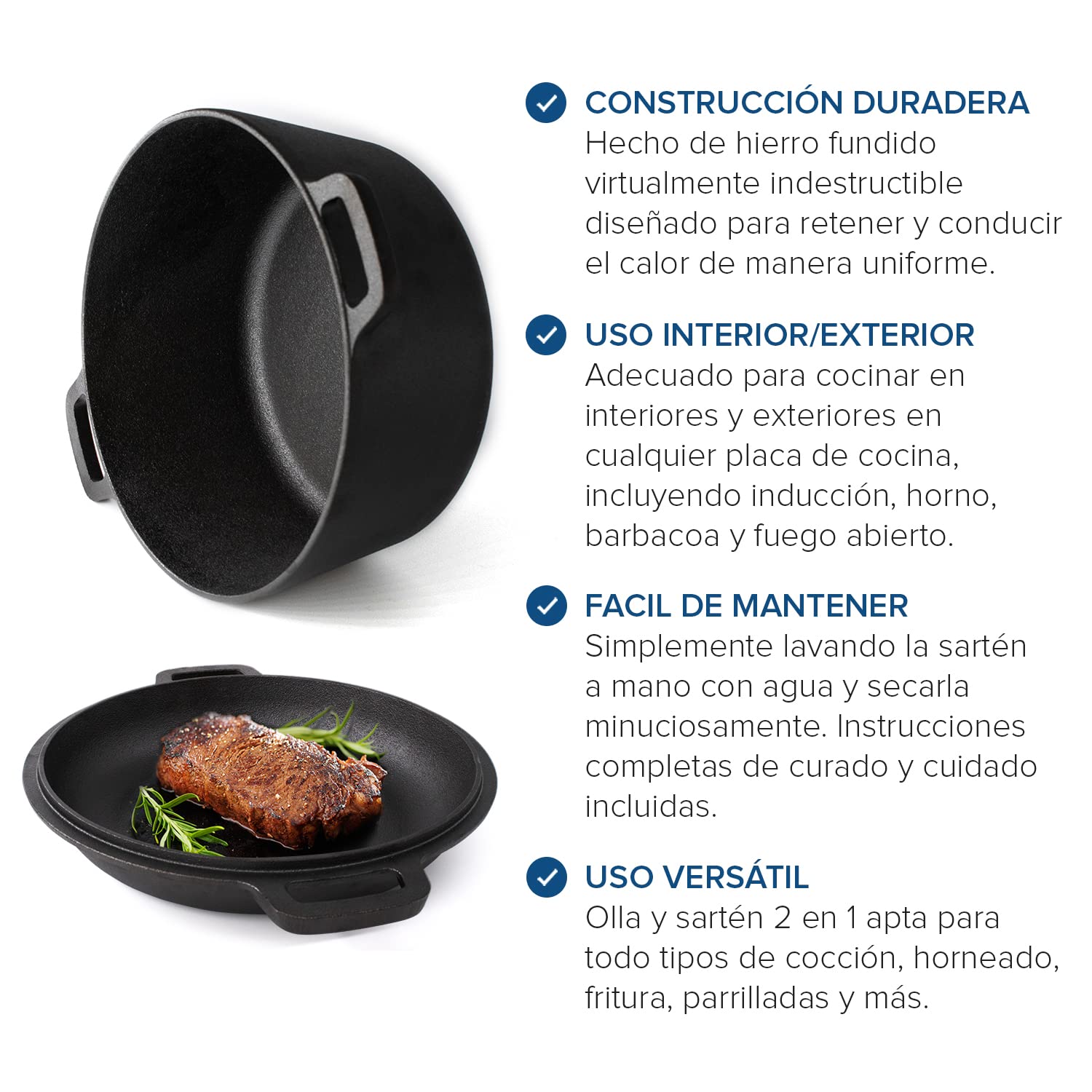 Joejis - Olla holandesa de hierro fundido presazonado de 4,7 L con tapa multiusos de 1,75 L, apta para horno y todo tipo de fuegos, olla holandesa de hierro fundido 2 en 1 para hacer pan, estofar