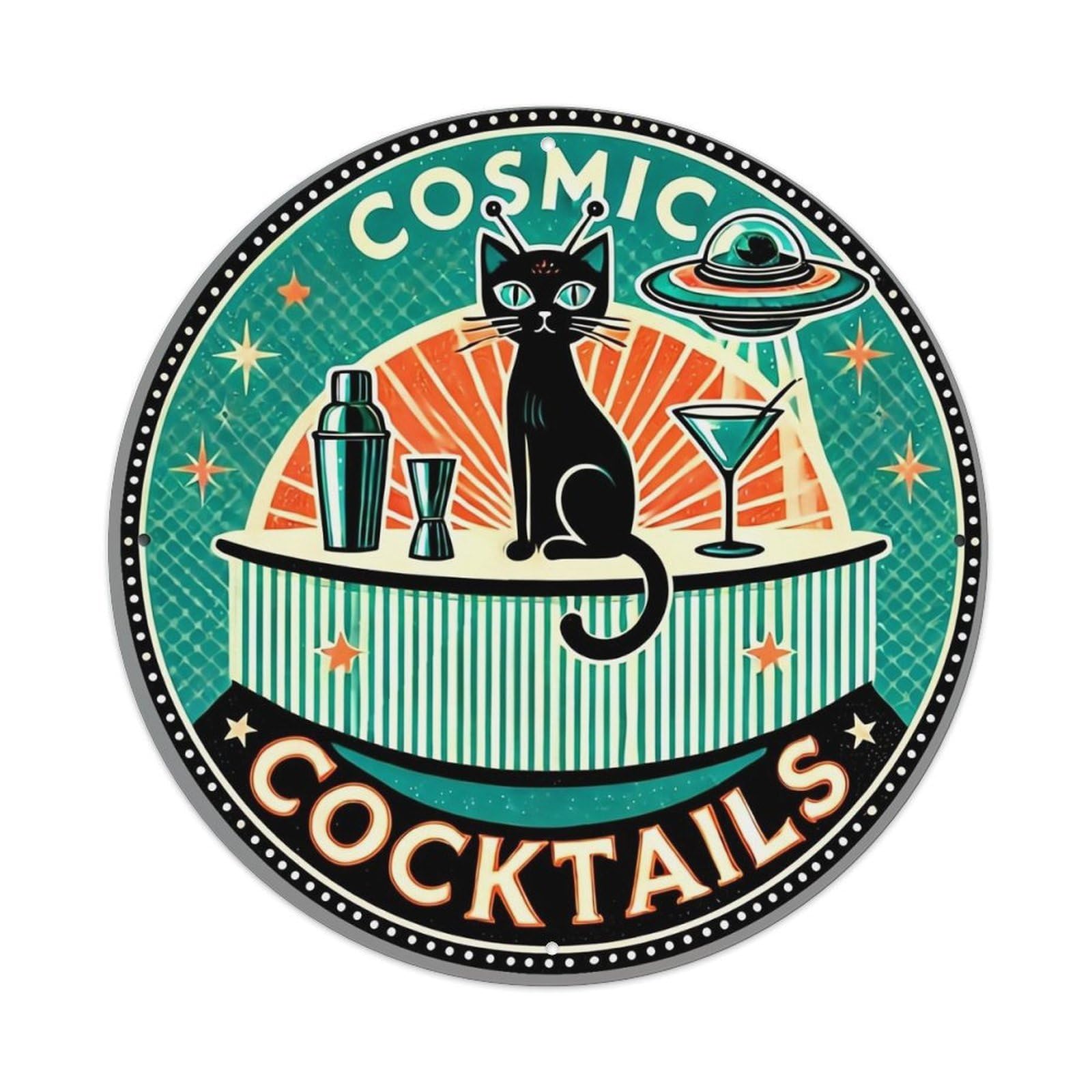 Cosmic Cat Cocktail Bar Sign Retro Metal Sign Round Tin Sign, Vintage Decor Art Poster for Bar, Home, Man Cave, Kitchen, Laundry Room Gift 8x8Inch