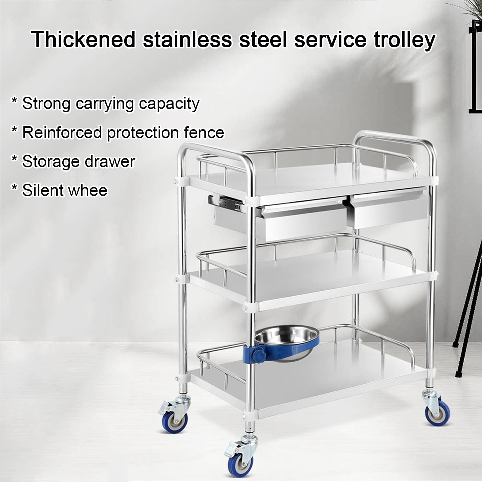 Carrello di servizio in acciaio inossidabile, carrello di servizio con rotelle staccabile con cassetto, carrello di servizio con 3 ripiani e ruote bloccabili, B-80*48,B-80*48*86Cm(31.5*18.9*33.8In)