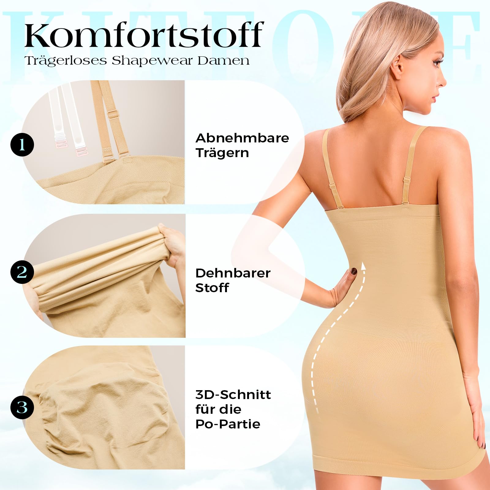 Strapless Miederkleid Damen mit abnehmbaren Trägern Bauchweg Shapewear Kleid nahtlose Figurformende Unterkleid Trägerloser Full Slips Dress