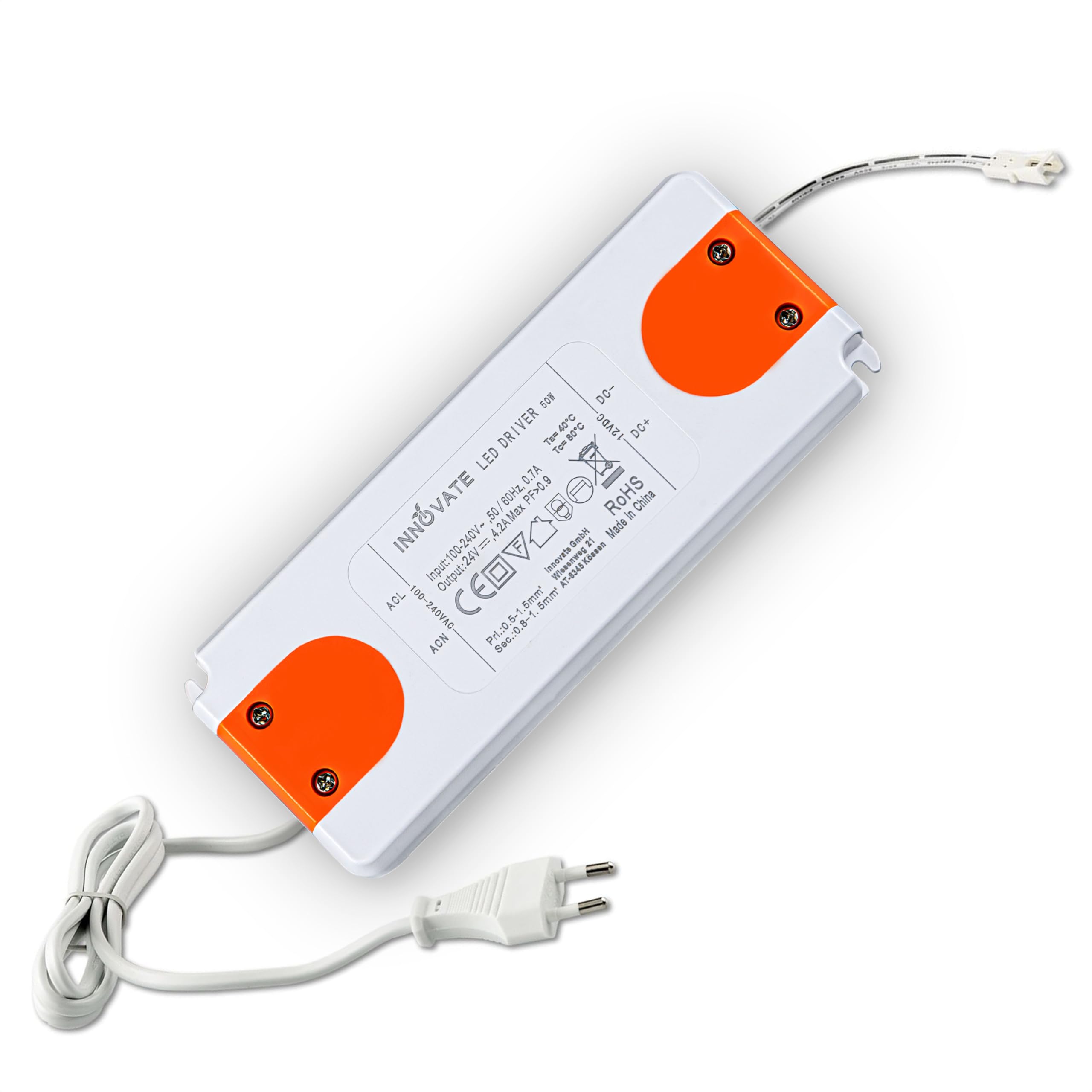 INNOVATE LED Trafo ECO mit Eurostecker und Mini AMP Female 24 Volt/DC, 0-50W - LED Treiber - Transformator - Netzteil - Driver - Power Supply - Netzgerät mit Anschlusskabel (24V 50W)