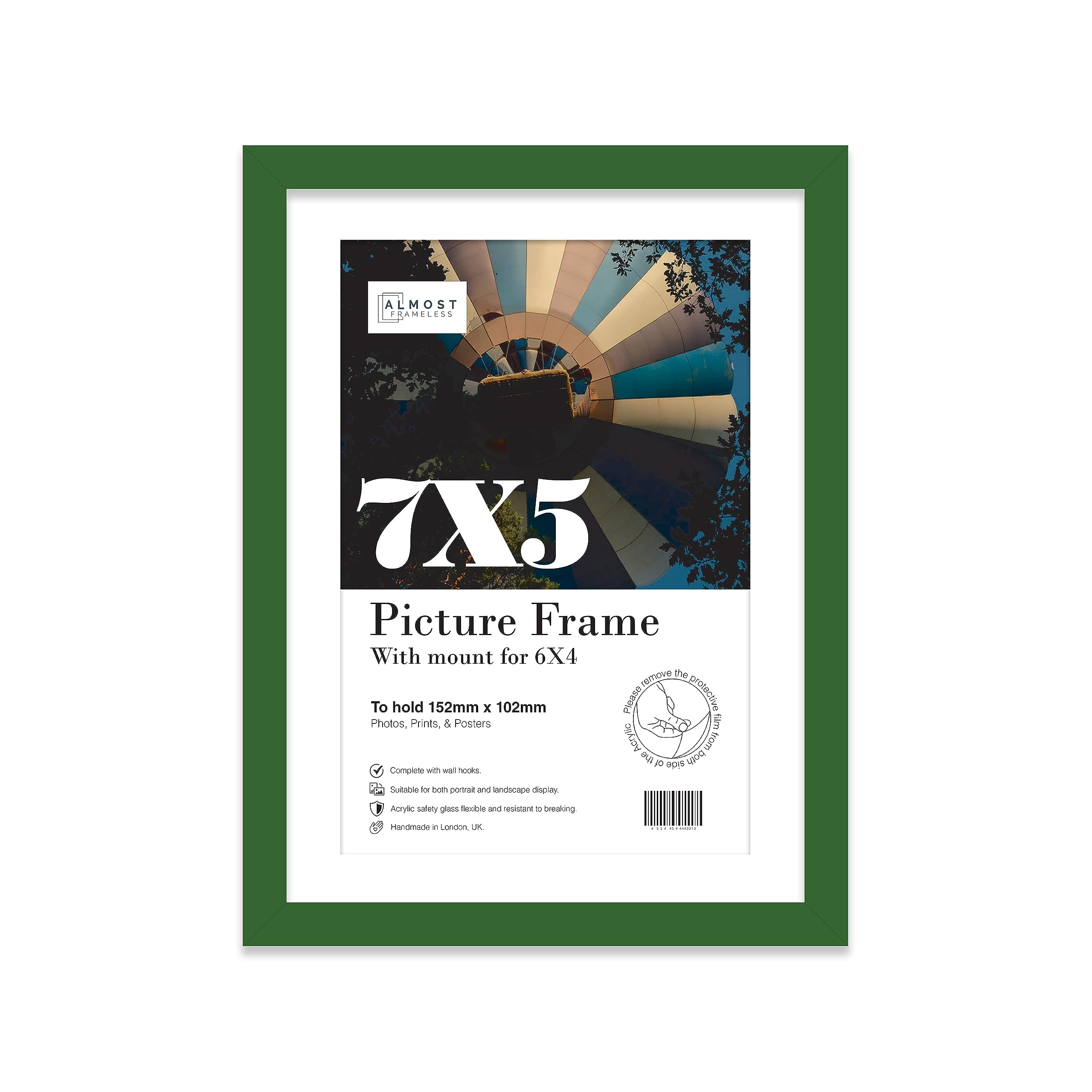Almost Frameless 7x5 Green Picture Frame With Mount for 6x4 Print, Poster or Photo Poster, Photo, Artwork, or Print. Thin Edge Slim Frame Portrait and Landscape Display with Wall Hooks