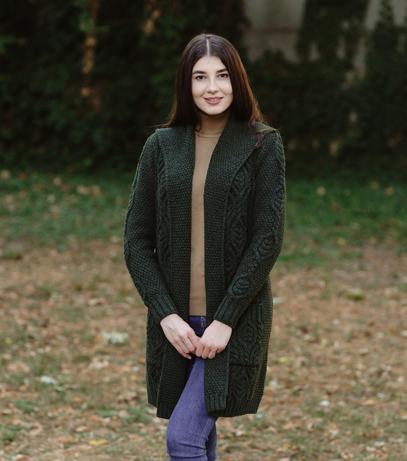 SAOL Cardigan Long à Capuche 100% Laine mérinos pour Femme Coupe Classique Irlandaise