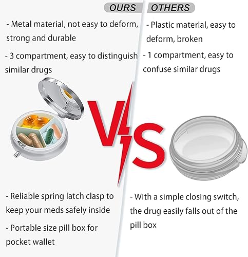 Miniatura 4 de Pastillero de viaje pequeño, pastillero redondo de metal para bolso de bolsillo, 3 compartimentos portátil, mini organizador de pastillas para