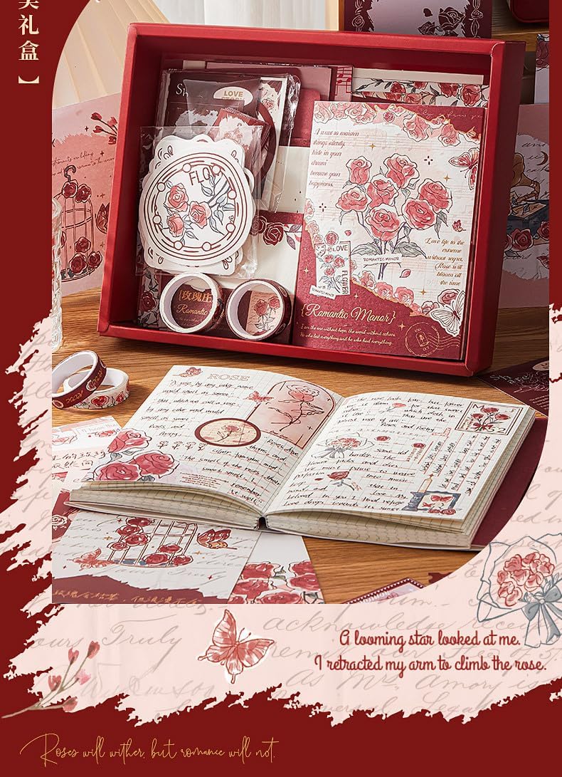 RUJVE Journal Supplies Kit Vintage Scrapbook Stickers Pack, Art Journal Kit, Bullet Junk Journal Planners DIY Decoration Paper Stickers Craft Kits Notebook Album Aesthetic Tape,Journaling Gift For Girl (rose red) 2
