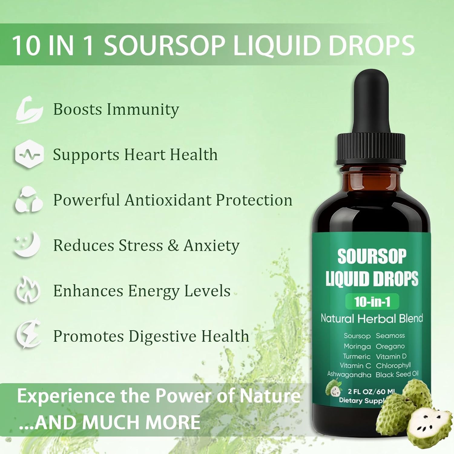Soursop Natural Drops, 10-in-1 Soursop Extract Drops with Sea Moss, Moringa, Turmeric, Black Seed Oil, Oregano, Ashwagandha Immune Support, Improving Gut Health, Heart Health, 2 Fl Oz - Image 3