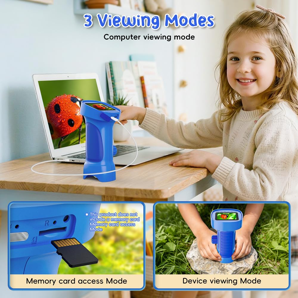 Mikroskop für Kinder, Temodu 2.4" Bildschirm, 1000X USB Tragbares Taschenmikroskop, Wiederaufladbares Tragbares Mikroskop, Mikroskope Anschluss an PC, Science draussen ab 3 Jahren (Blue)