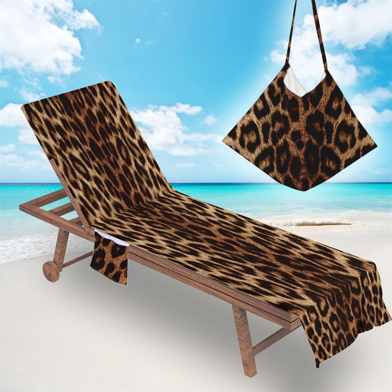 Surwin Sun Lounger Towel with Pockets, Leopard Print Beach Towel Chair Cover Sunbed Towels Lounger Bag for Summer Holiday Outdoor Garden Pool Vacation -Coffee, 75x210cm