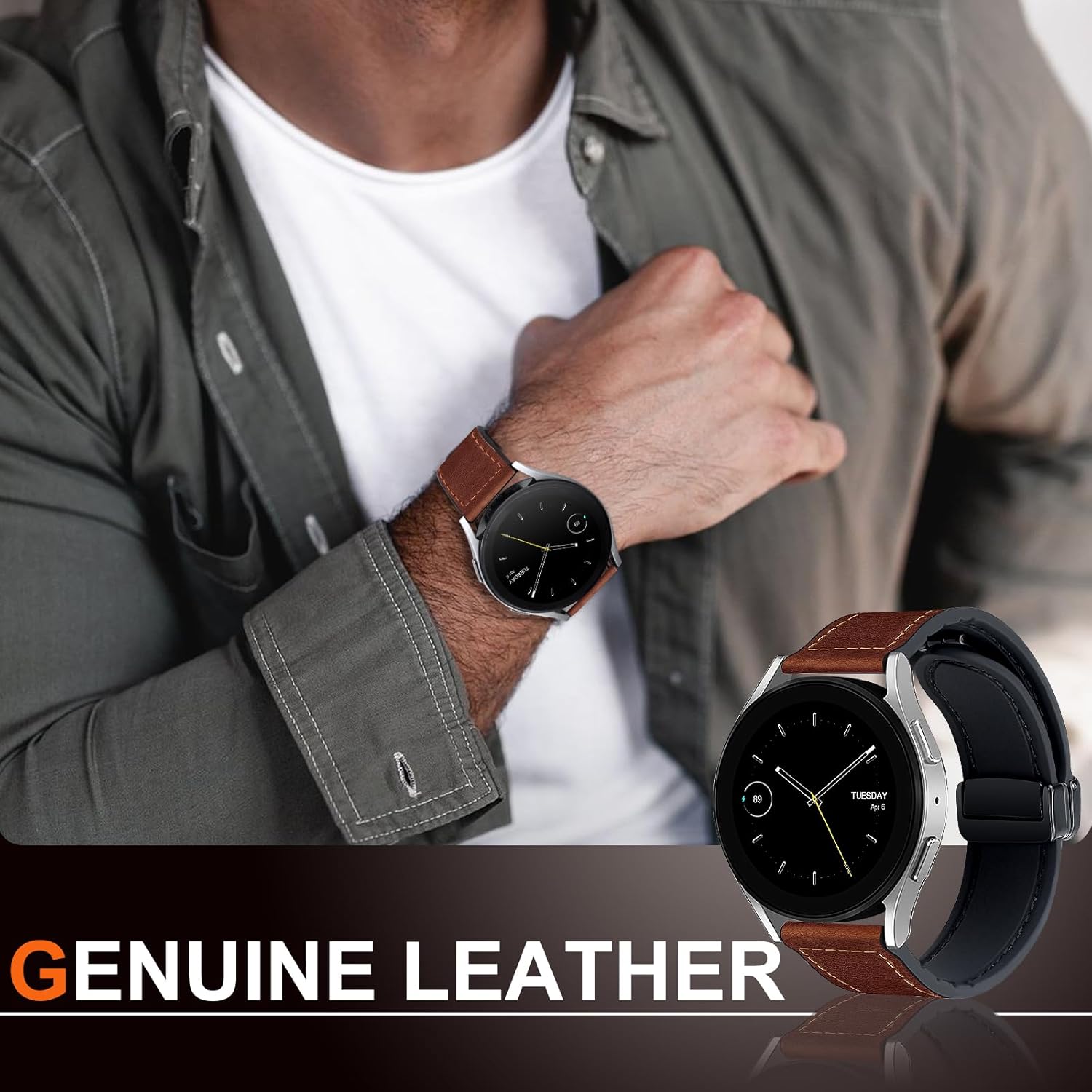 Magnetic Leather Band Compatible with Samsung Galaxy Watch 7/6/5/4/Active 2 40mm 44mm/Watch 6 Classic 43mm 47mm/Watch 5 Pro 45mm/Watch 4 Classic 42mm 46mm, 20mm Strap for Men - Image 2