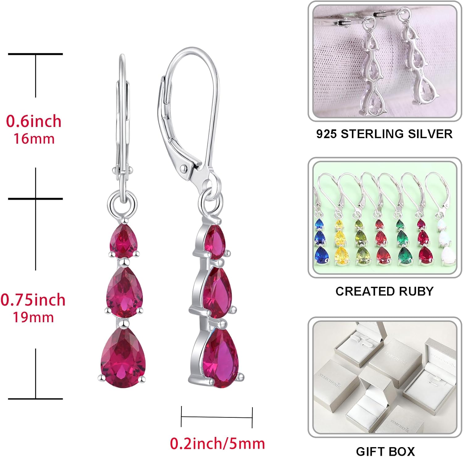 Starchenie Teardrop Dangle Earrings Sterling Silver Leverback Earrings Gemstones Jewelry