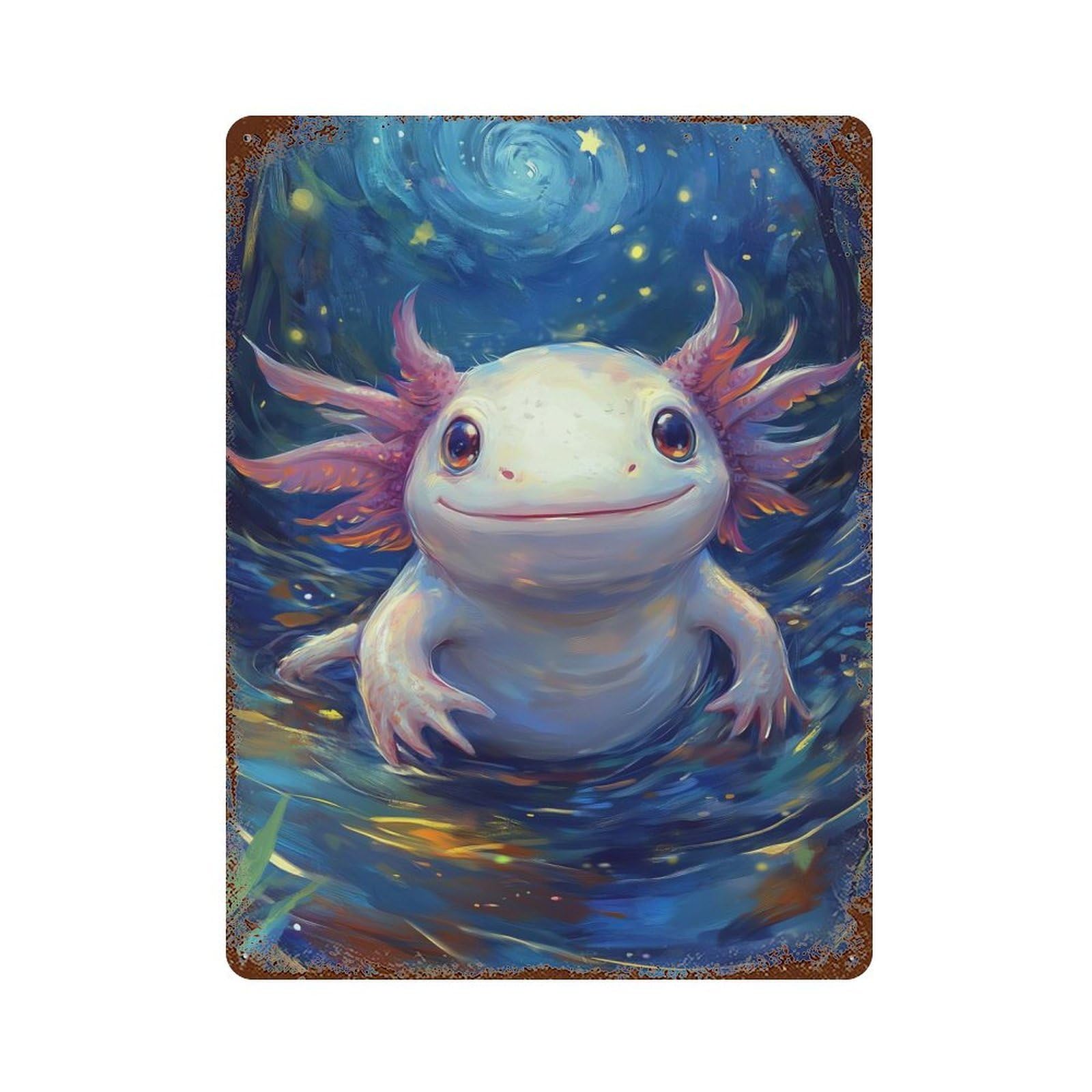 Smiling Axolotl in Water Aged Metal Wall Plaque 15.7"x11.8", Old School Wall Decor for Garage, Pub Or Kitchen