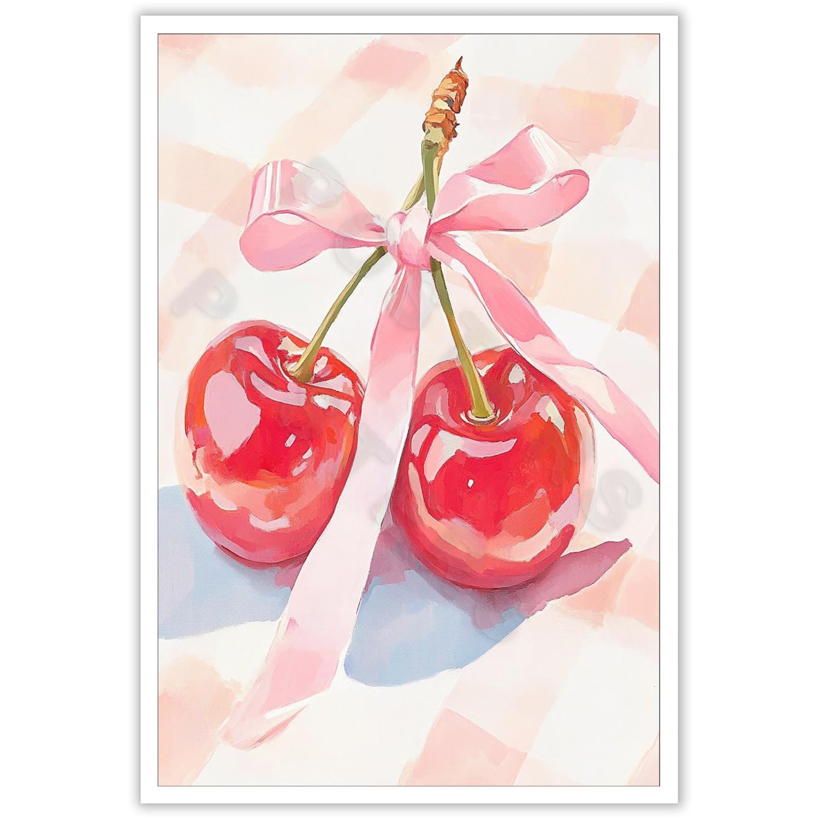 LRCYBMN Trendy Cherry Print Poster Grandmillenial Art Kitchen Girly Art Pink Bow Canvas Wall Decor Pastel Watercolor Painting Coquette Preppy Dorm