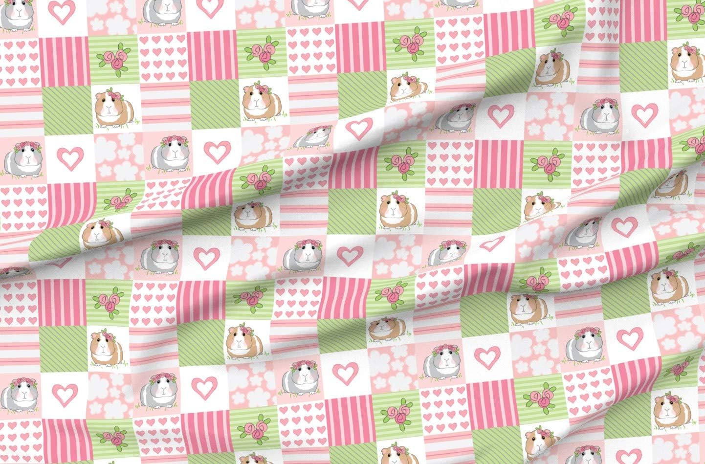 Spoonflower Fabric - Cute Guinea Pig Whole Cloth Wholecloth Quilt Pink Roses Cheater Printed on Organic Cotton Sateen Fabric by The Yard - Sewing Quilting Apparel Home Decor