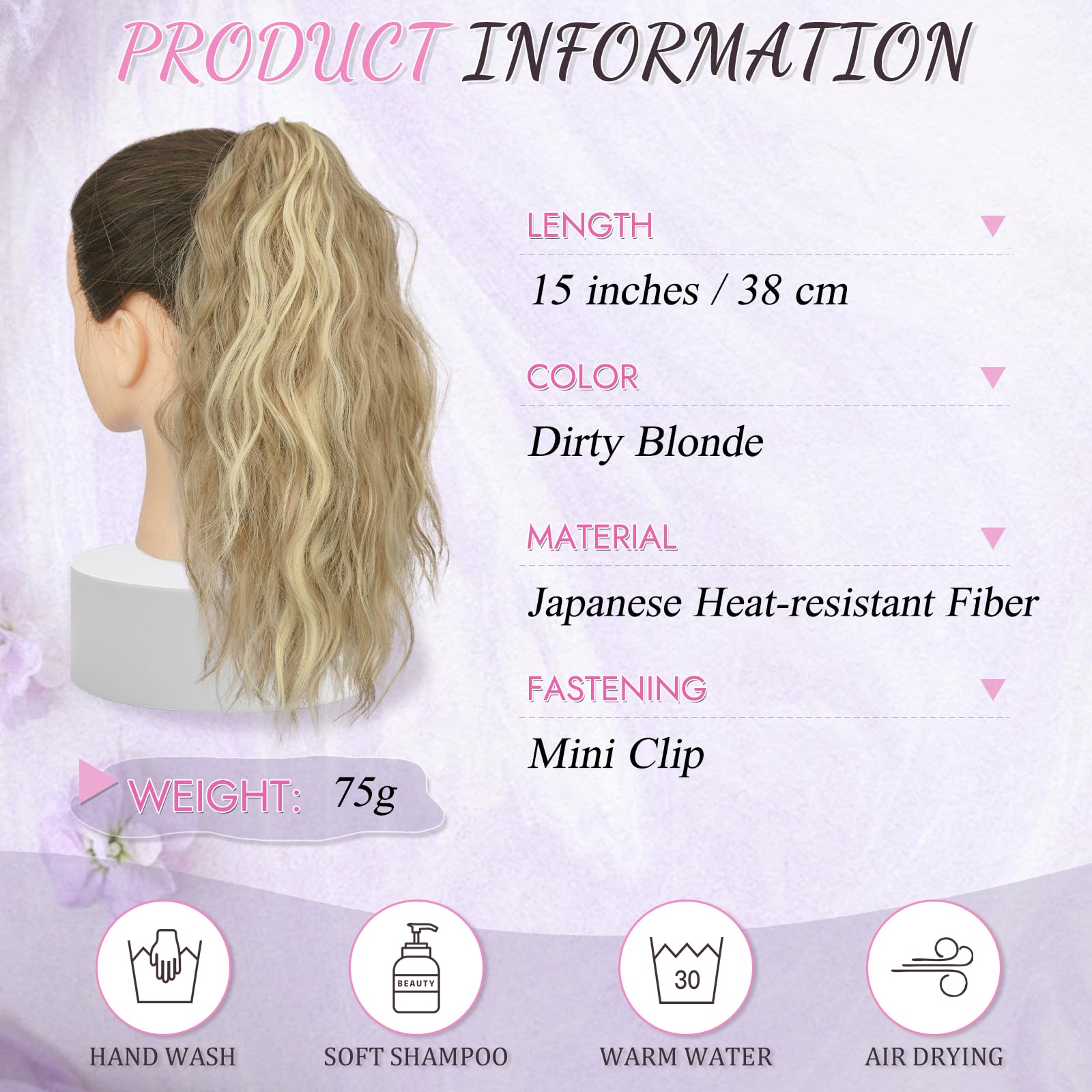 RUWISS Coleta Postiza Pelo Natural con Pinza, Cola Postiza Rizada Ondulado 35 cm Cola Caballo Extension Pelo Natural Sintético para Mujeres (Rubio Ceniza Oscuro)