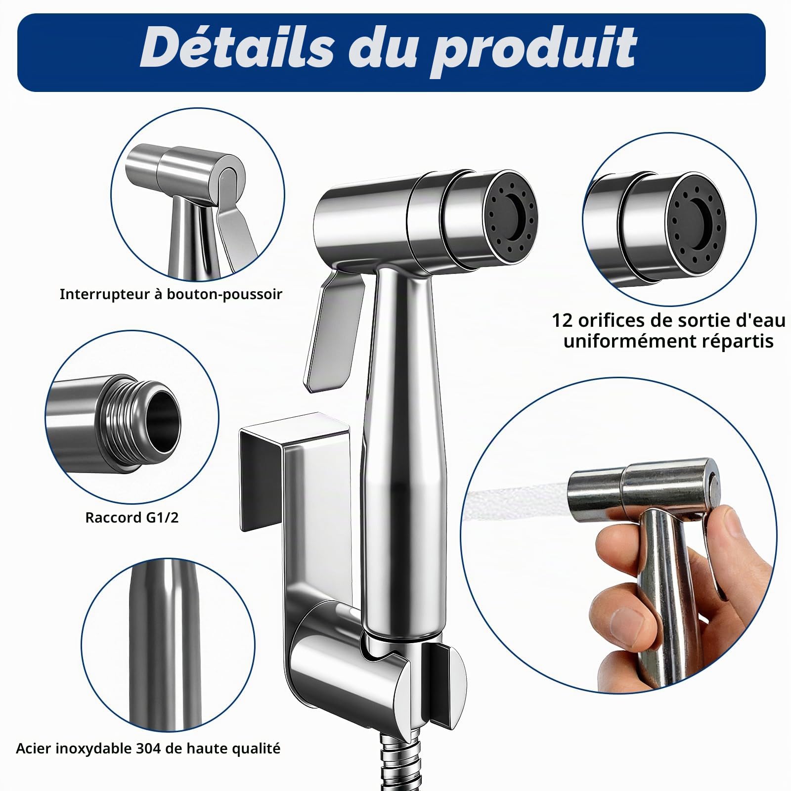 Pulvérisateur de bidet à main en Acier Inoxydable, Douchette Bidet Avec Vanne En T G1/2" Et Adaptateur Toilette G3/8", Flexible 150Cm, Support Mural Ou Crochet, Douche Pour Bébé, Animaux Et Hygiène