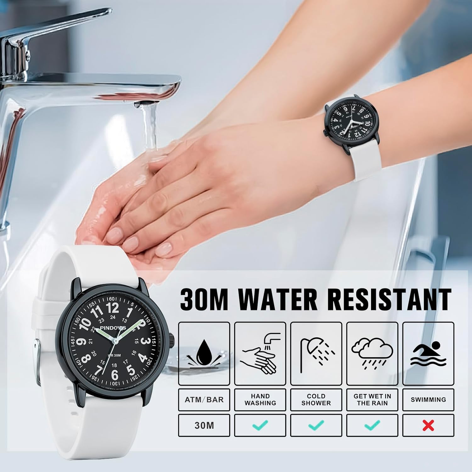 PINDOWS Women Analog Quartz Wrist Watch with Silicone Strap for Young Women Students Easy Read Waterproof Unisex Luminous Dial - Image 3