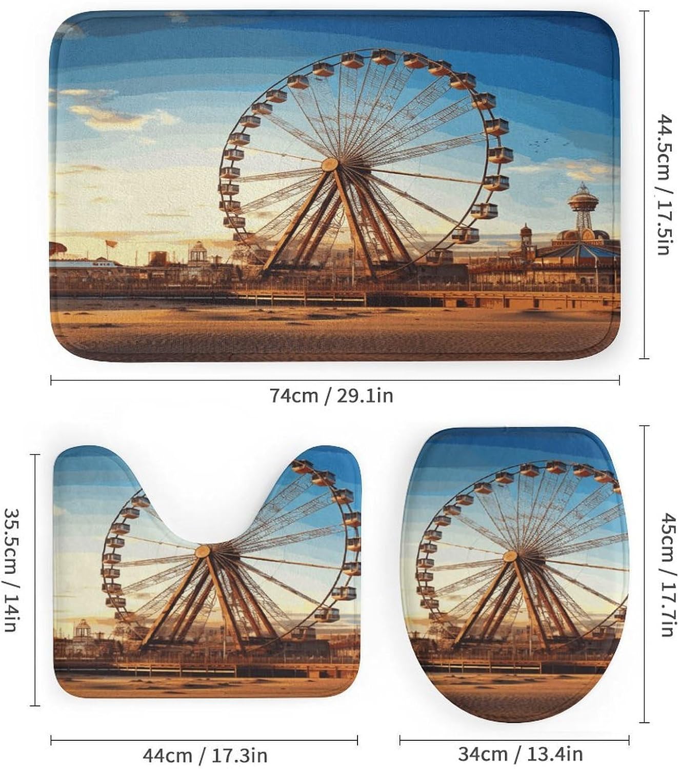 Ferris Wheel 4Pcs Shower Curtain Set with Non-Slip Rugs, Toilet Lid Cover and Bath Mat,Bathroom Set Decor Accessories,Curtain Set with 12 Hooks, 72 X 72 Inch