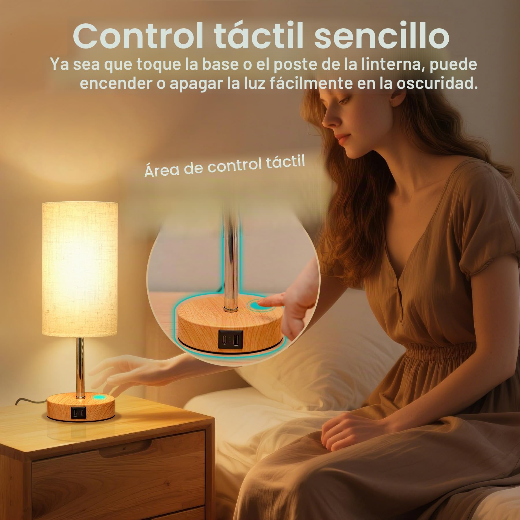 Görvitor Lámpara de noche táctil regulable, juego de 2 unidades, con puertos de carga USB-A/C, pantalla de lino y 3 niveles de brillo, lámpara de noche con cable para dormitorio (bombilla de 9 W