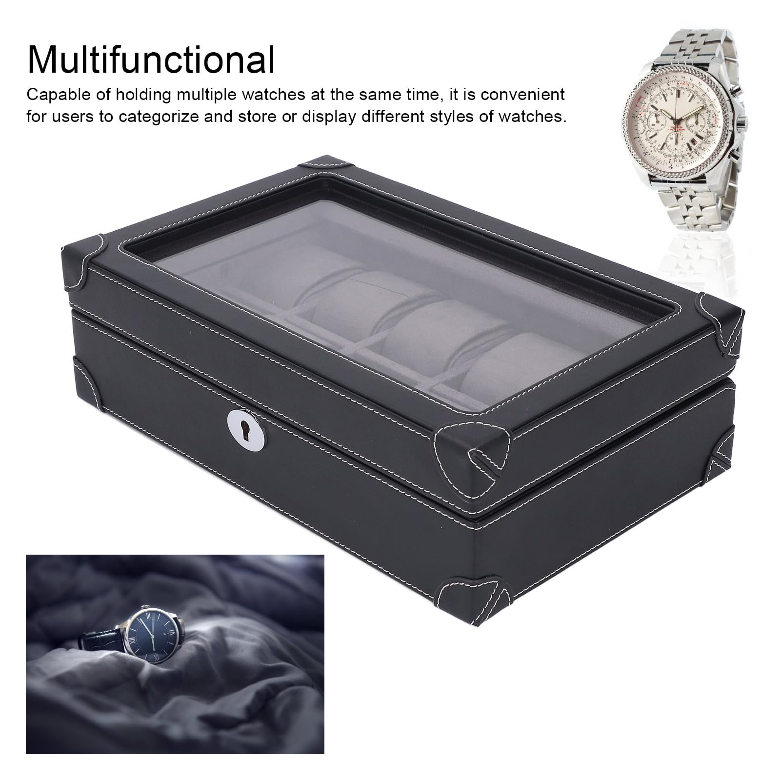 Aramox Organizer Porta Orologi, Scatola per Orologi in Super Fibra con Finestra in Vetro, 10 Scomparti, Fodera in Velluto, Custodia con Serratura per Collezionisti di Viaggi d'affari, Display (BLACK)