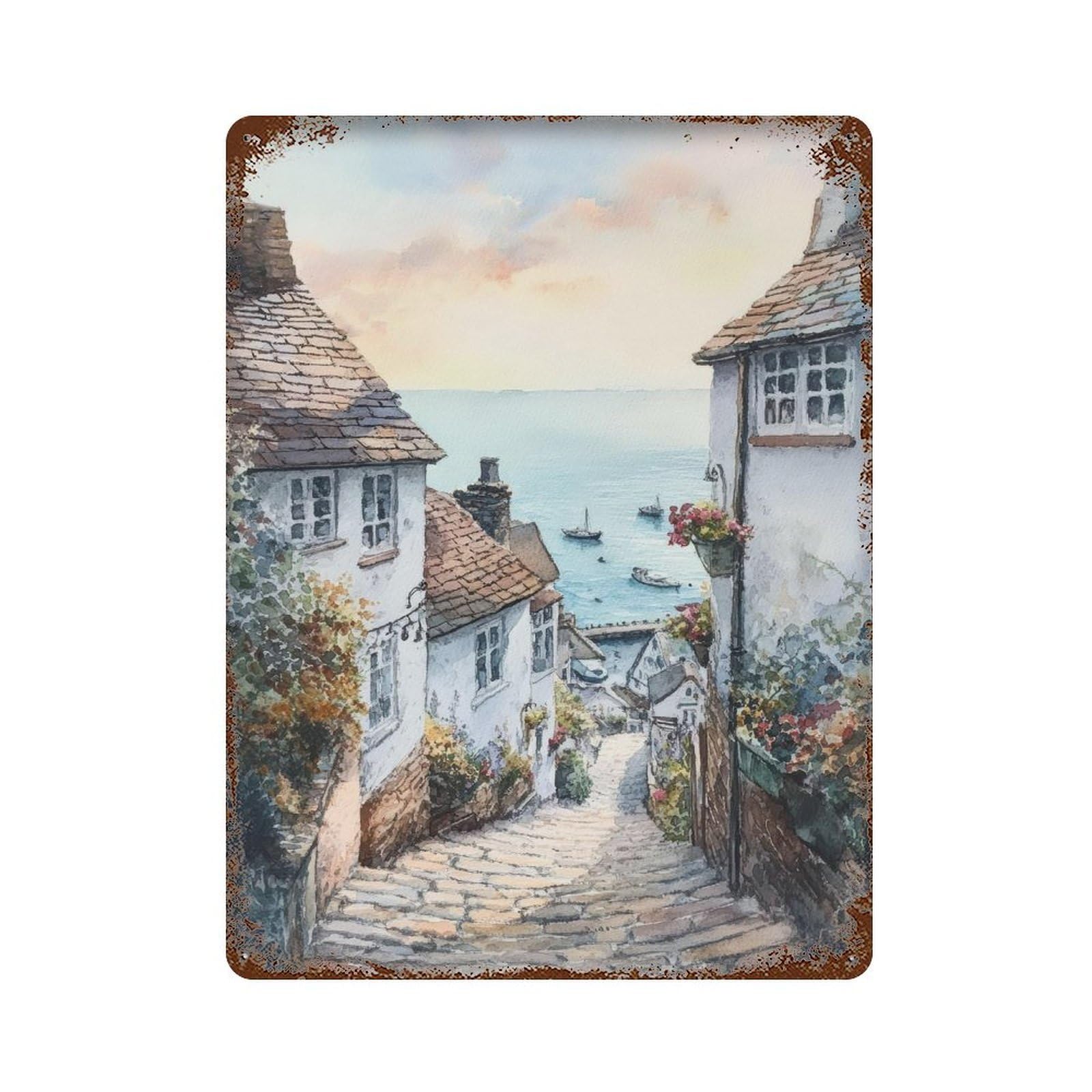 xiaoxiaoshen Clovelly Devon Village Scenic Seaside Wall Decor Art Metal Tin Poster Modern Home Decor Art Home Bar Shop Decorations Vintage Sign 40x30cm