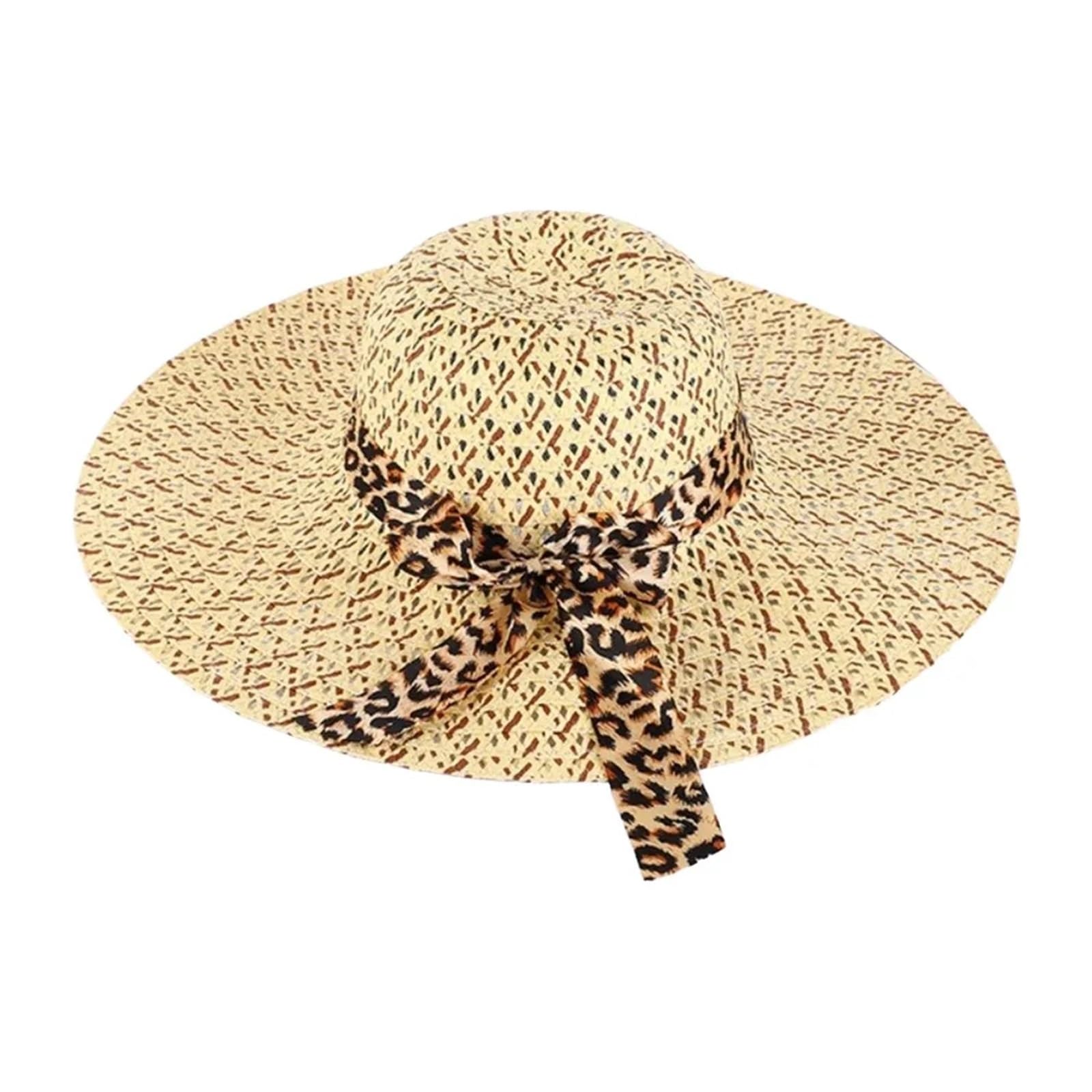 MRKU Summer Sun Hat Big Brim Protection Bowknot Straw Casual Breathable Panama Cap Travel