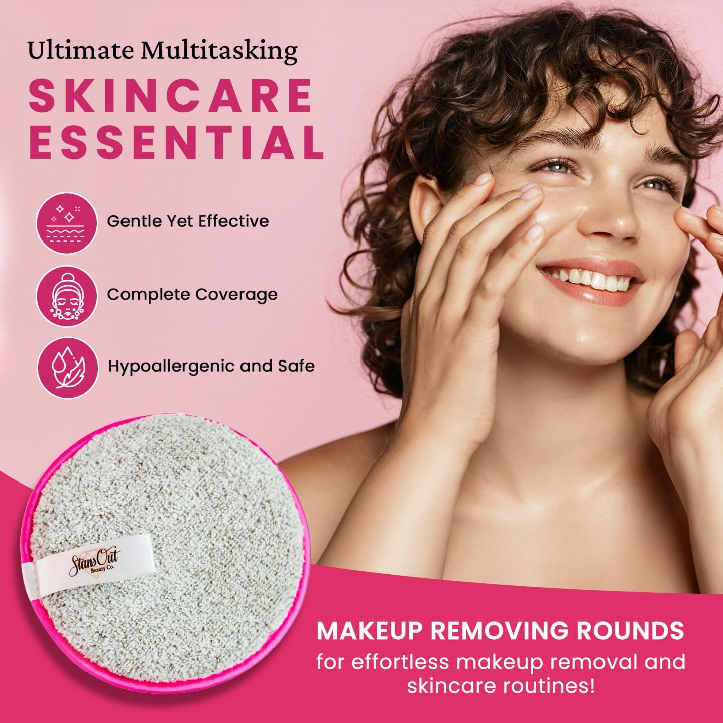 StansOut Beauty Makeup Removing Rounds - Reusable Face Pads, Microfiber Cloth - Washable Makeup Remover Pads - Facial Cleansing Cloths - Gentle & Effective - Travel-Friendly - 3 Pack