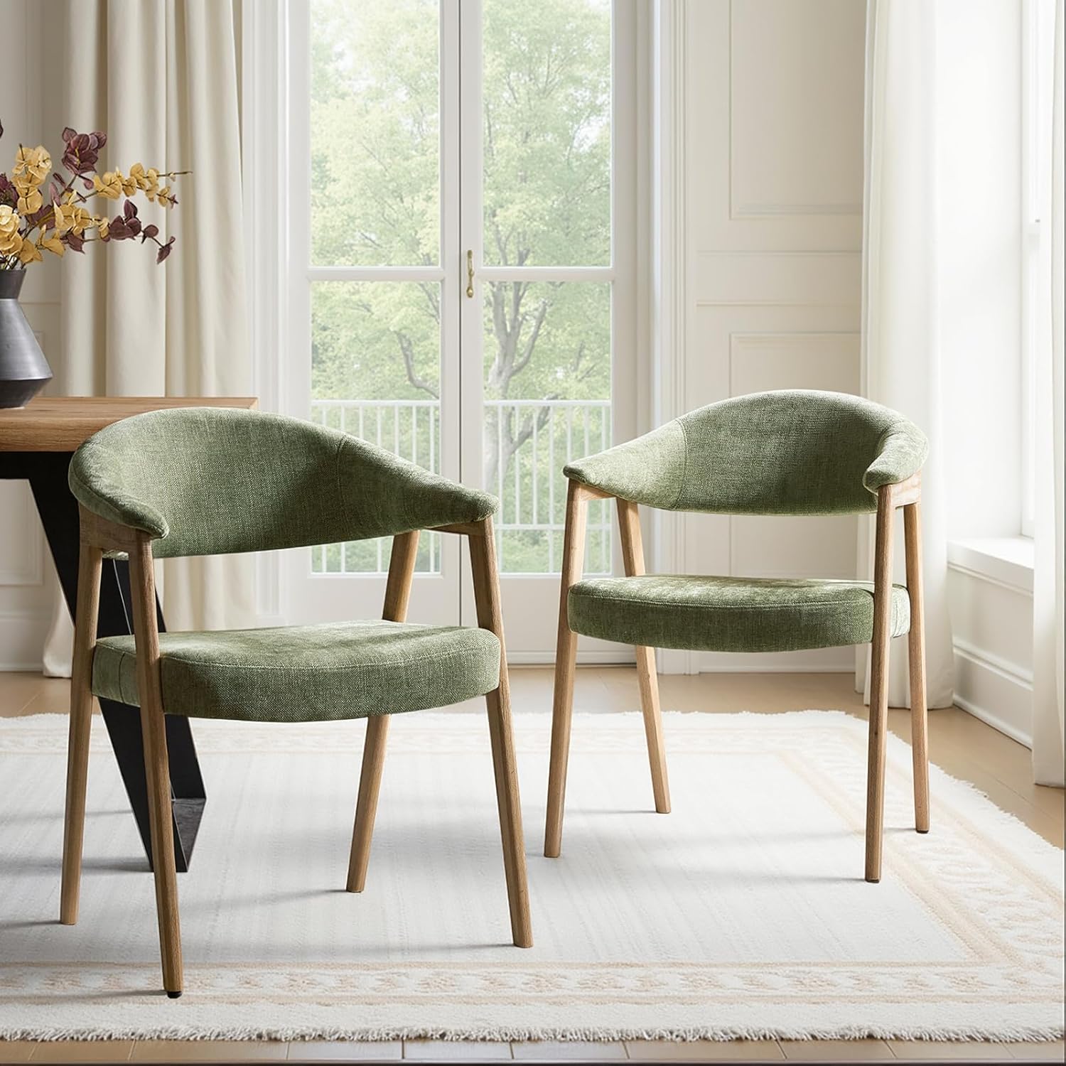 HULALA HOME Mid-Century Modern Dining Chairs Set of 2, Green Wooden Upholstered Kitchen Chairs with Armrest, Curved Backtrst & Wood Legs Armchairs Accent Chairs for Dining Living Room - Moss
