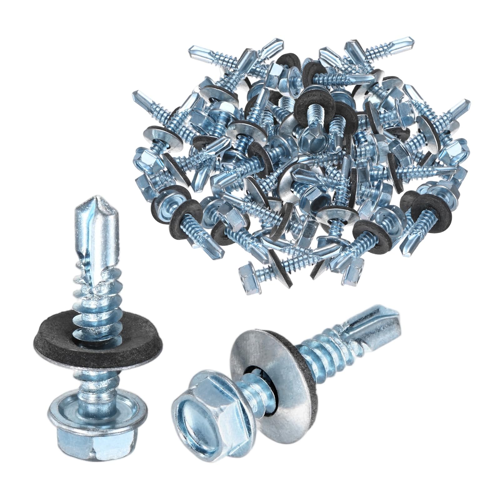 M METERXITY 50-Pack Self Drilling Screws with Rubber Washer M6.3 x 32mm Zinc Plated Carbon Steel Hex Head Self-Tapping Screws for Metal Roofing/Siding Panels/Steel Structures