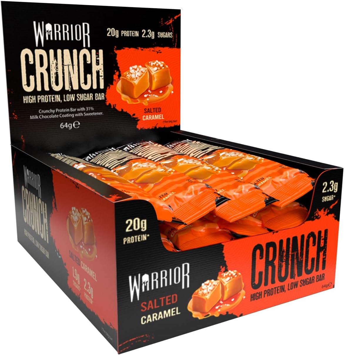 Warrior Crunch High Protein Low Carb Bar, 2.2 oz, Salted Caramel, Pack of 12 bars